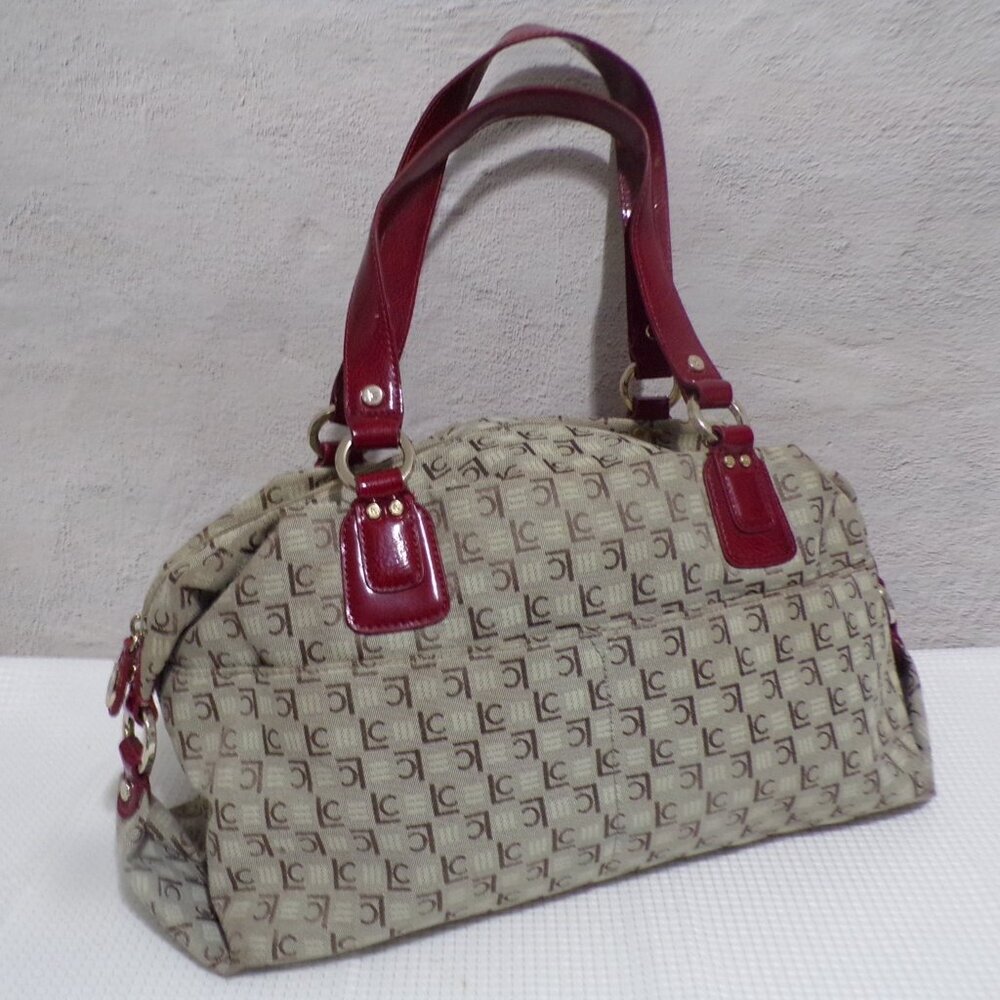 Liz Claiborne Beige & Burgundy Handbag with Gold Accents